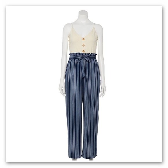 NWT Lily Rose Button Front Paper Bag elastic waist jumpsuit V-neck 1 piece Large - Picture 1 of 11